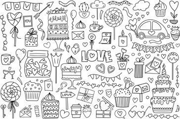Fototapeta premium Hand-Drawn Doodle Set In Vector, Featuring A Stress-Relief Coloring Page For Valentine'S Day With Hearts, Candies, And Sweets For February 14, Is A Cute Coloring Book