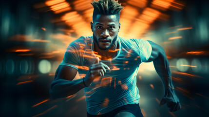 Fototapeta na wymiar Fit Athlete Running, Motion Photography, Intense Physical Activity, Dynamic Movement, Athletic Motion Shot, Running with Intensity, Fitness and Stamina