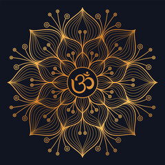 Golden om lotus mandala flower on dark background. Vector illustration line drawing	