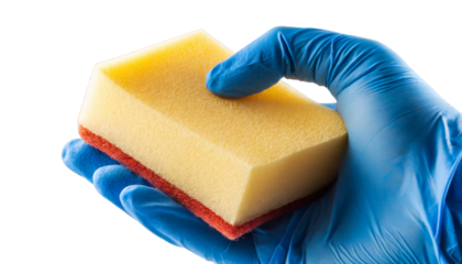 Hand in rubber glove holding sponge, isolated on transparent background. Cleaning service concept