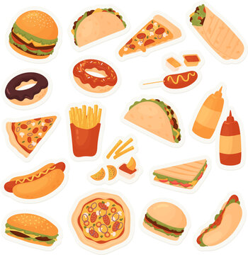 Fast food restaurant menu sticker pack set vector illustration. Cartoon yummy fastfood meal stickers with delicious hot dog sandwich hamburger taco pizza donut french fries cheeseburger isolated