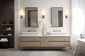 Fototapeta na wymiar Sleek modern classic minimalist bathroom with a double vanity, integrated storage, and a sophisticated color palette