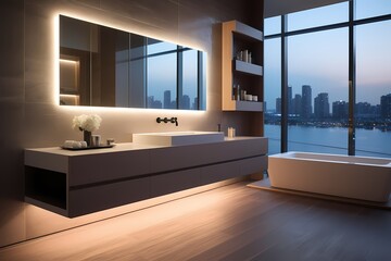 Sleek modern classic minimalist bathroom featuring a floating vanity, mirror with integrated lighting, and a spa-like atmosphere