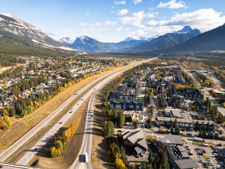 Aerial view of Trans-Canada Highway (Highway 1) exit 89 to Downtown Canmore in Canadian Rockies in...