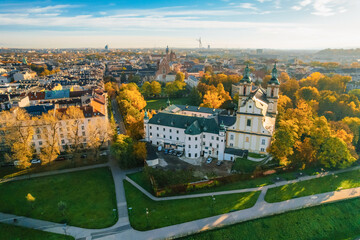 Basilica of St. Michael the Archangel landmark in Krakow Poland. Picturesque landscape on coast...