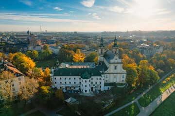 Basilica of St. Michael the Archangel landmark in Krakow Poland. Picturesque landscape on coast...