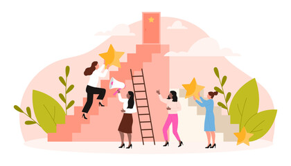 Female support and leadership, career success vector illustration. Cartoon tiny woman holding gold star climbing up stairs, women with megaphone give collective help to leader together in project