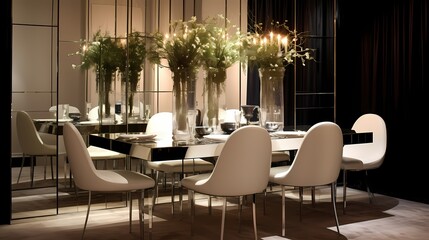 Sophisticated dining space with a mirrored wall, high-backed chairs, and a sleek table set for an exquisite meal