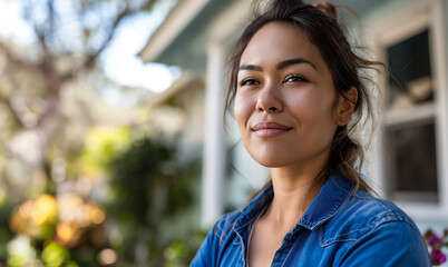 Confident Woman Smiling Outside Her Home
