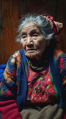 Una anciana vestida con ropa andina , mirando tristemente 