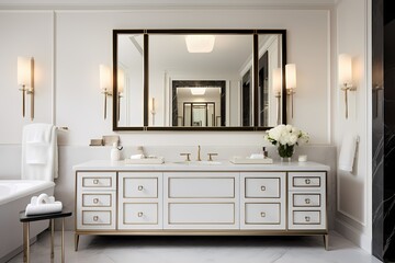 Sophisticated modern classic minimalist ensuite bathroom with double vanities, a statement mirror, and refined design elements