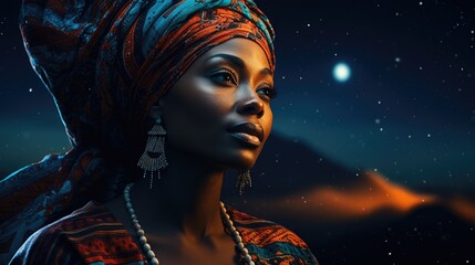 The celestial backdrop frames a beautiful African woman adorned in cultural garments.