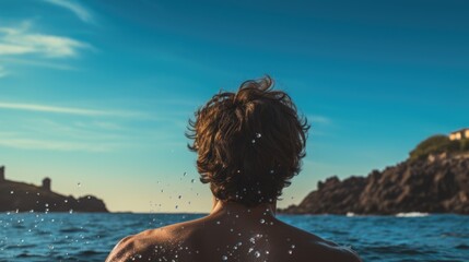 a man stands with his back to the camera in the sea
