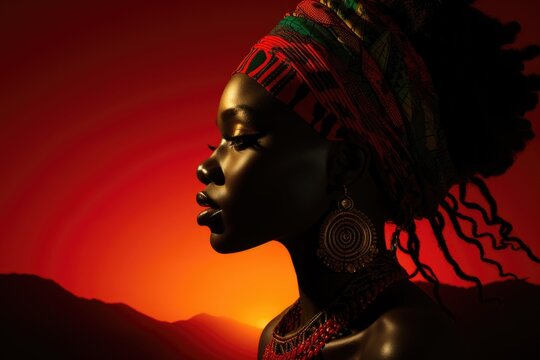 portrait of a beautiful African woman wearing traditional tribal turban motifs,