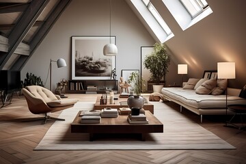 Spacious mid-century Copenhagen loft interior, combining iconic furniture, neutral tones, and open living spaces