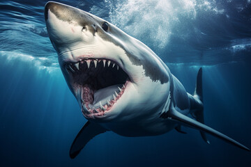 Fototapeta premium Great white shark lunging underwater with its jaws wide open.