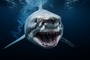 Great white shark lunging underwater with its jaws open.