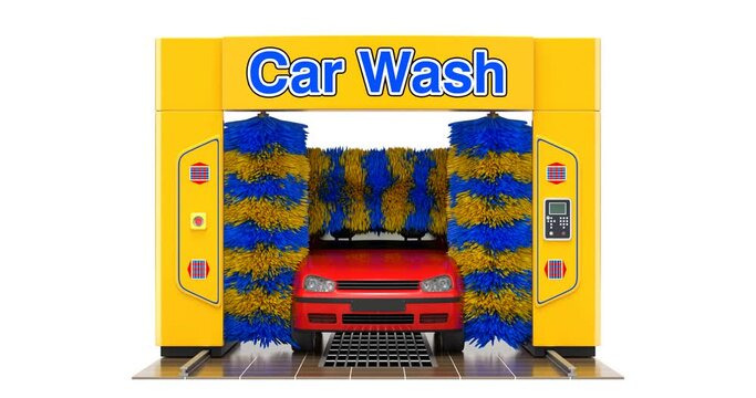 Automatic car wash machine with red car on white background - 3D animation