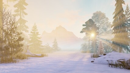 Light winter landscape with the rays of the morning sun, 3D graphics render