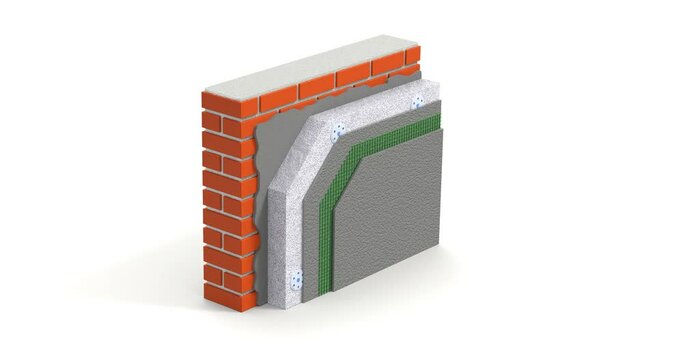 Layered brick wall thermal insulation concept on white background - 3D animation