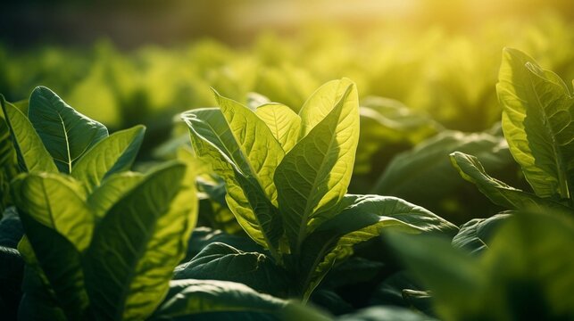 Tobacco plantation with lush green leaves. Super macro close-up of fresh tobacco leaves. Soft selective focus. Artificially created grain for the picture