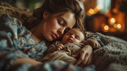 Sleeping mother and a sleeping baby on the couch in a cozy living room of a village cottage