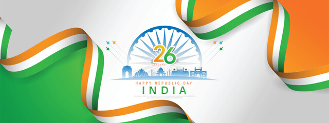26 th January Indian Republic Day banner template design with Indian flag and silhouette of Indian monument.