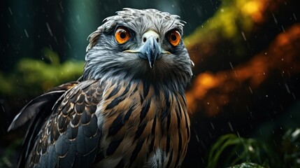 Hawk with an orange eyes in the rain