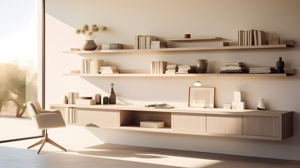 Fototapeta na wymiar Streamlined home office with a wall-mounted desk, floating shelves, and a minimalist color palette