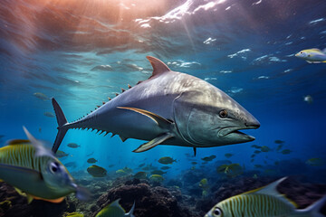 Fototapeta premium Sea Turtle swimming underwater. Animal side portrait.