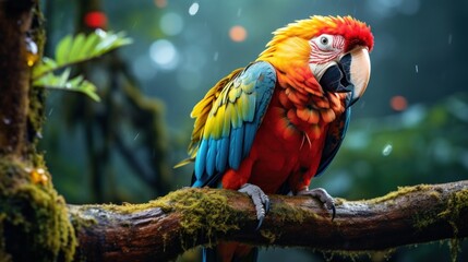 Obraz premium beautiful Scarlet macaw sitting on a branch in the rainforest
