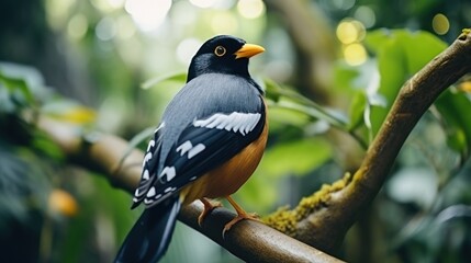 Fototapeta premium Black and white bird perched on a branch in the rainforest