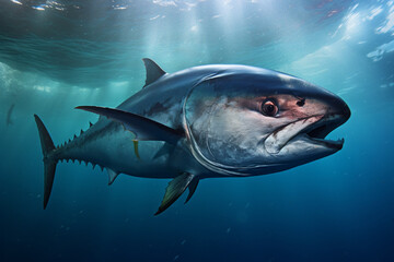 Fototapeta premium Sea Turtle swimming underwater. Animal side portrait.