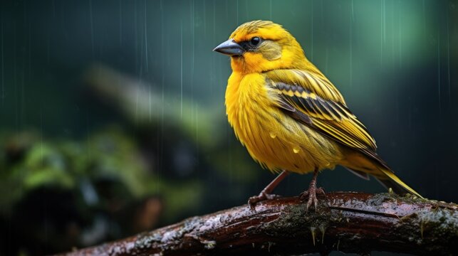 beautiful yellow canary bird sitting on a branch with raindrops