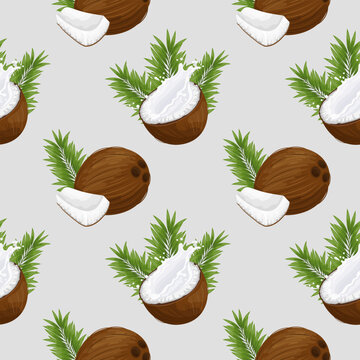 Seamless pattern, coconuts, coconut halves with milk splash and palm leaves. Tropical background, print, textile, wallpaper, vector