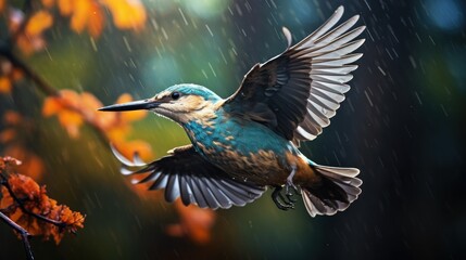 Kingfisher flying in the rain. Beautiful bird in nature