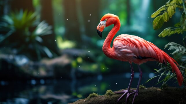 Pink flamingo in the jungle with water background