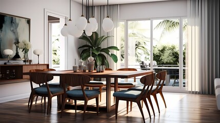 Stylish dining area with a classic mid-century dining table, molded chairs, and a mix of retro and contemporary decor
