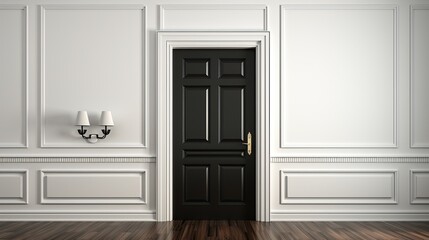 Black door in room white white wall and interior. Floor parquet. Digital Illustration.3d rendering
