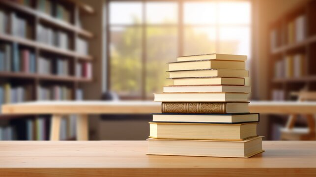 Stack of books on wooden table in library. Education concept