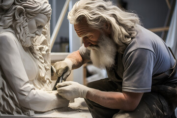 Stone mason making a marble sculpture, stone carving, stonemason