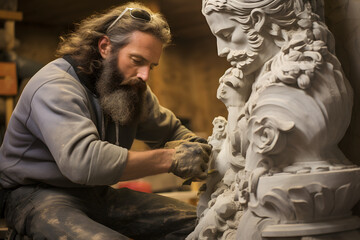 Stone mason making a marble sculpture, stone carving, stonemason