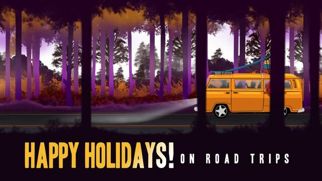 Happy Holidays Families on Road Trip in classic retro Car carrying Traveling Bag and Surfing Board on going to New Destination Illustration Motion Graphics. on Vacation Travel