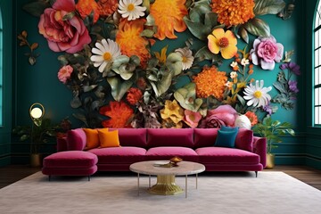 A chic living room with a 3D intricate colorful wall that has a vintage floral  design in bright colors.