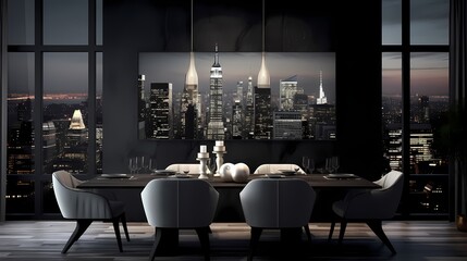 Obraz na płótnie Canvas Stylish dining room with a monochromatic color scheme, sleek furniture, and a captivating city skyline as a backdrop