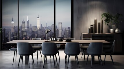 Stylish dining room with a monochromatic color scheme, sleek furniture, and a captivating city skyline as a backdrop