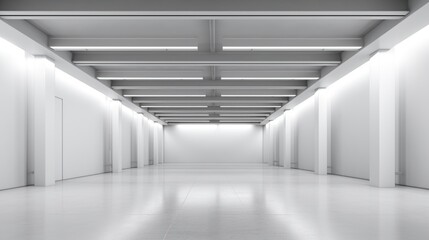Industrial design project empty hall with led lights on top, grey walls and glossy concrete floor	 - obrazy, fototapety, plakaty