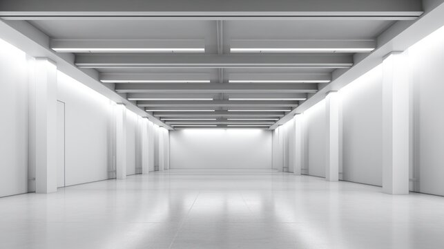 Industrial design project empty hall with led lights on top, grey walls and glossy concrete floor	