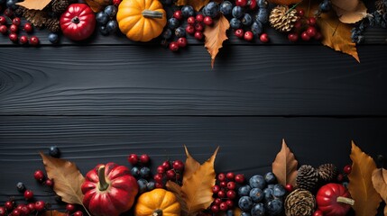 Thanksgiving background decoration from dry leaves,red berries and pumpkin on blackboard background	