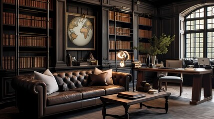 Stylish study room with a mix of classic and modern elements, featuring a leather sofa and antique bookshelves - obrazy, fototapety, plakaty